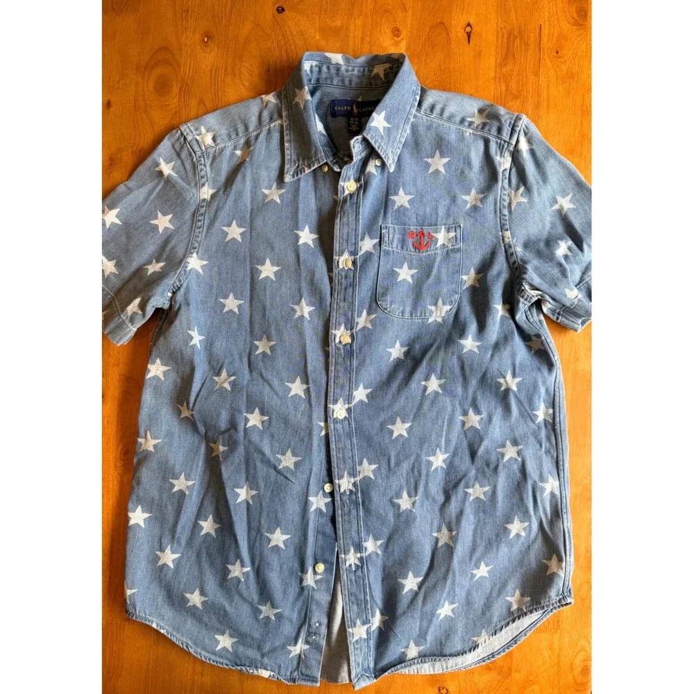 Ralph‎ Lauren Kids XL 18-20 Blue Star Print Denim Anchor Short Sleeve Shirt